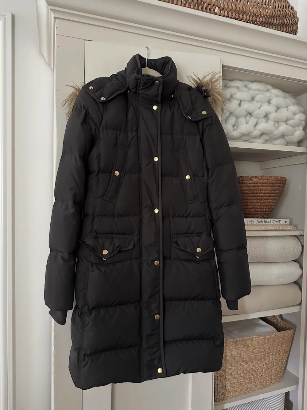 JCREW Black Puffer Coat with Faux Fur Trim